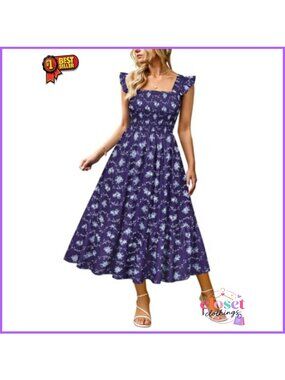 Plus Size Smocked Midi Sundress Sleeveless Square Neck Beach Dress